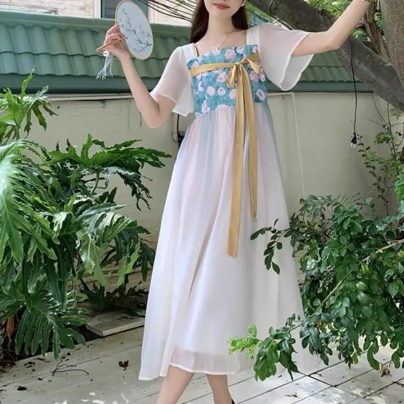 

Summer Chinese Style Elements Ancient Style short-sleeved Dress Fairy Temperament Super Fairy Small mid-length Skirt Dance Dress