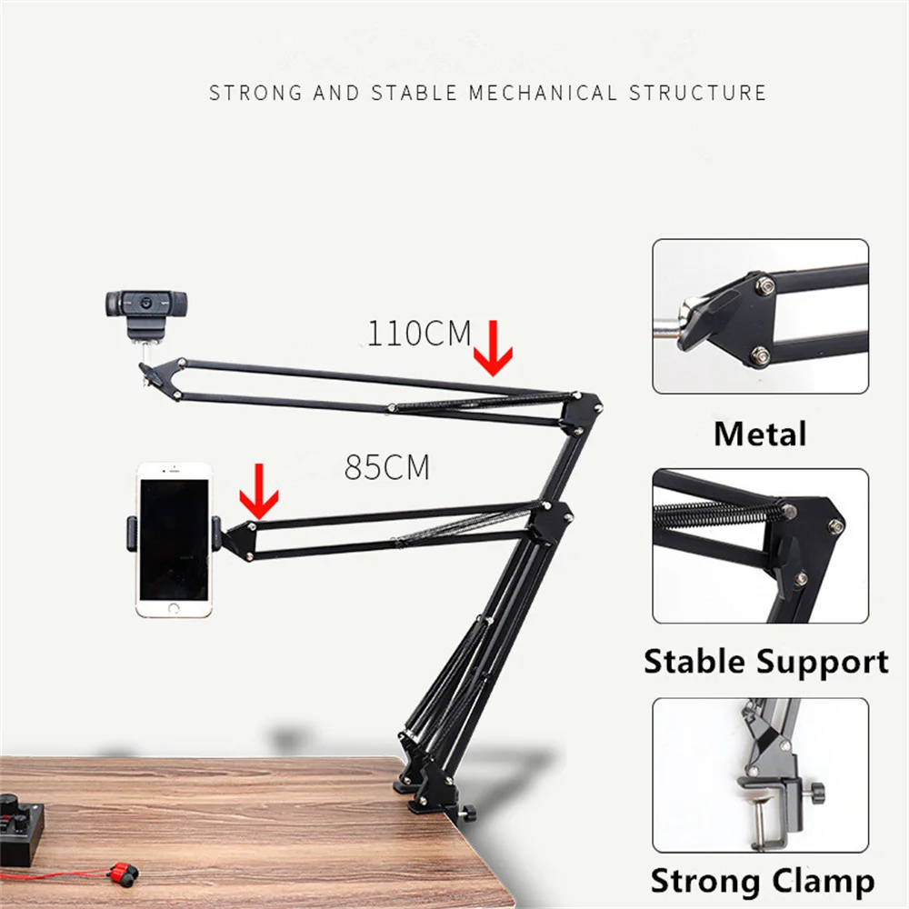 New Phone Camera Arm Tripod Table Stand Photography Adjustable with Phone Holder for Led Ring Light Overhead DSLR Camera Webcam