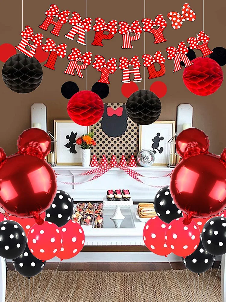 40pcs Minnie Mouse Themed Party Supplies Birthday Decorations Red and Black for Girls, Ear Headband Banner for Birthday Decorati