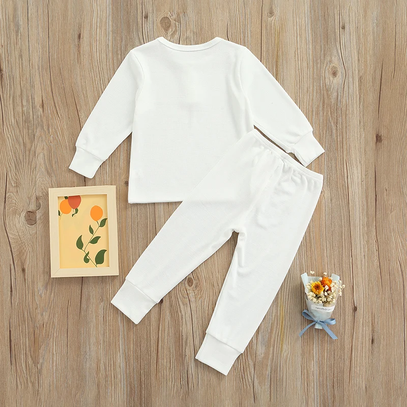 Kids Nightwear, Solid Color Round Neck Long Sleeve Tops+ Elastic Waist Long Pants Casual Homewear