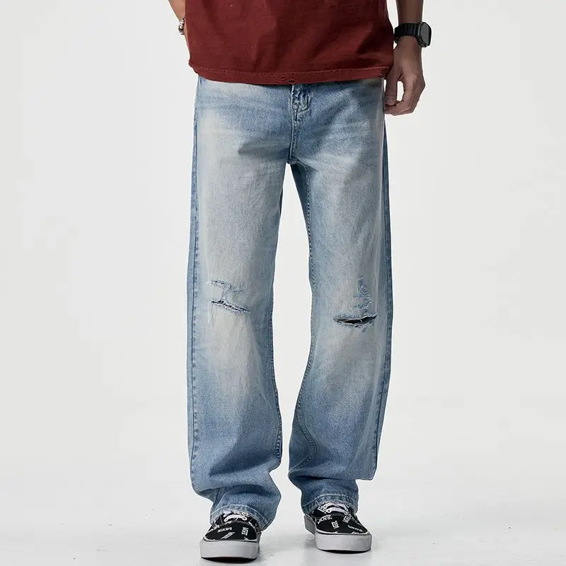 

American style ripped jeans men's 2025 spring/summer light blue loose straight leg wide leg beggar long pants jeans for men