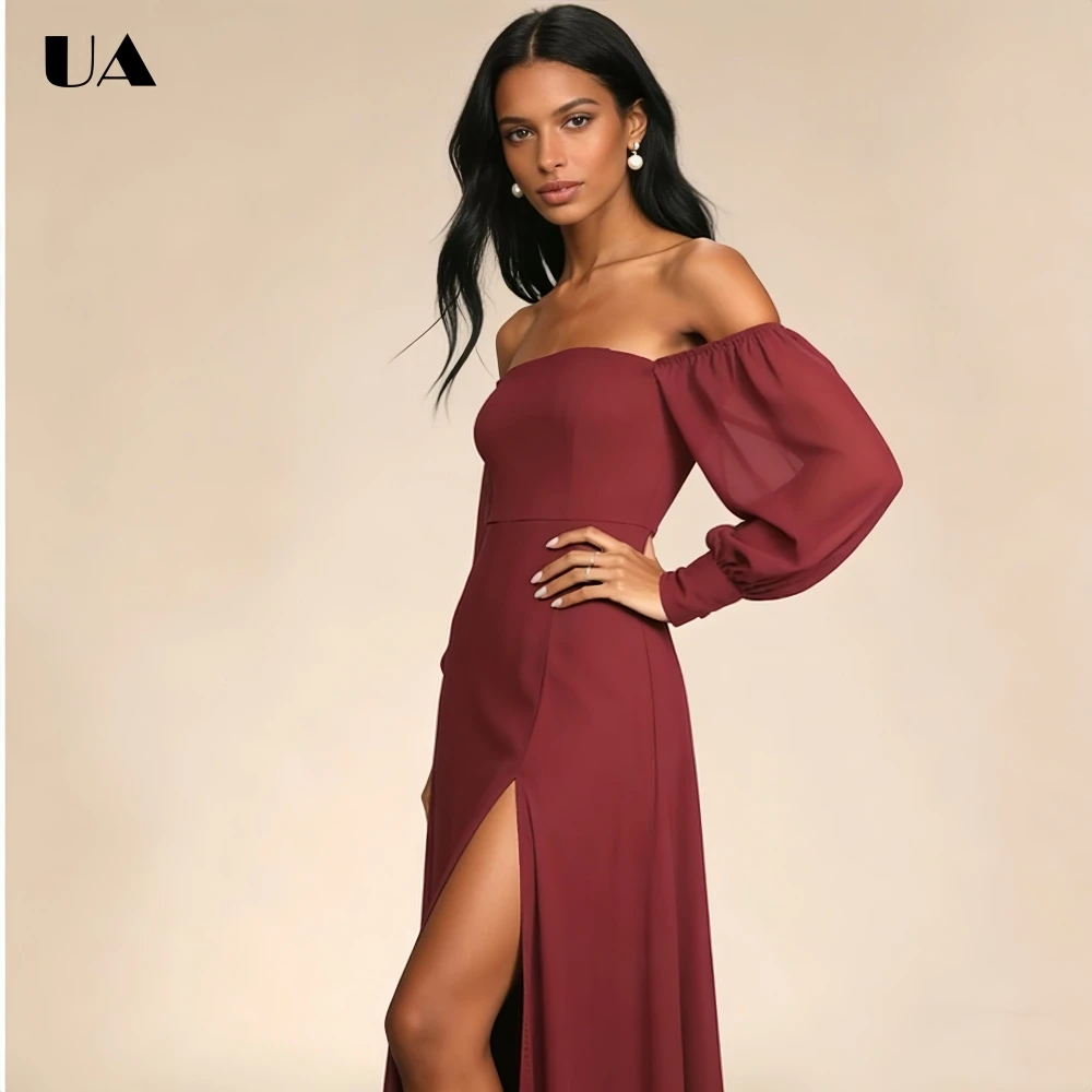 

ULBYANRY Customized Off-the-shouder Maxi Dress with Bishop Sleeve, Sexy High Slit Evening Dress, Trendy Slash Neck Party Dress