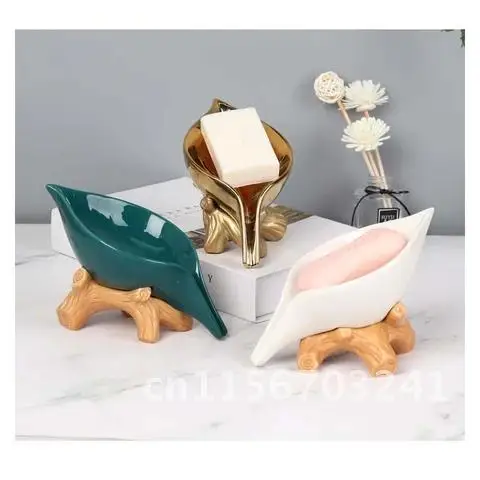 

Soap Dish Leaf Shape Self Draining Soap Box Tray Sponge Storage Plate Ceramic Holder Drain Soap Organizer Bathroom Supplies