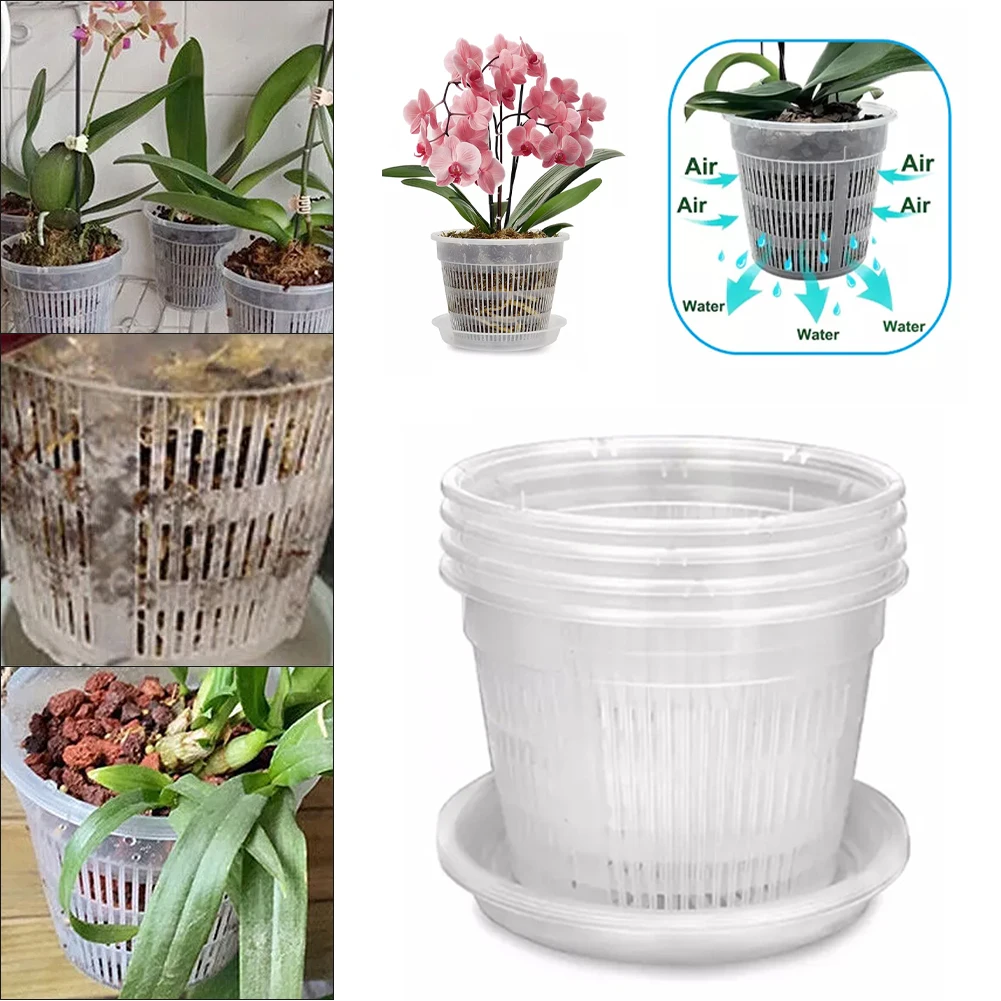 5pcs Orchid Pot With Saucers Meshpot Plastic Clear Flower Plant Repotting Pot With Holes Mesh Pot Root Control Orchid Flower Pot