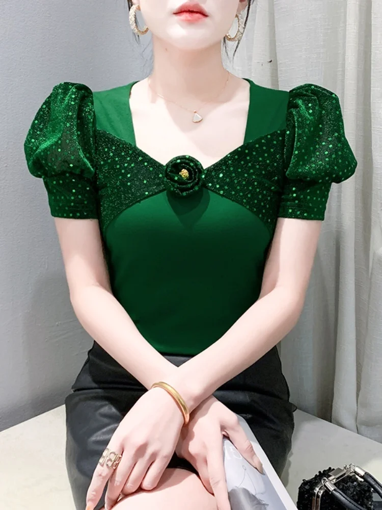 Estate nuovi vestiti europei T-shirt da donna Diamanti lucidi che bordano top Femme T-shirt in cotone con maniche corte a sbuffo