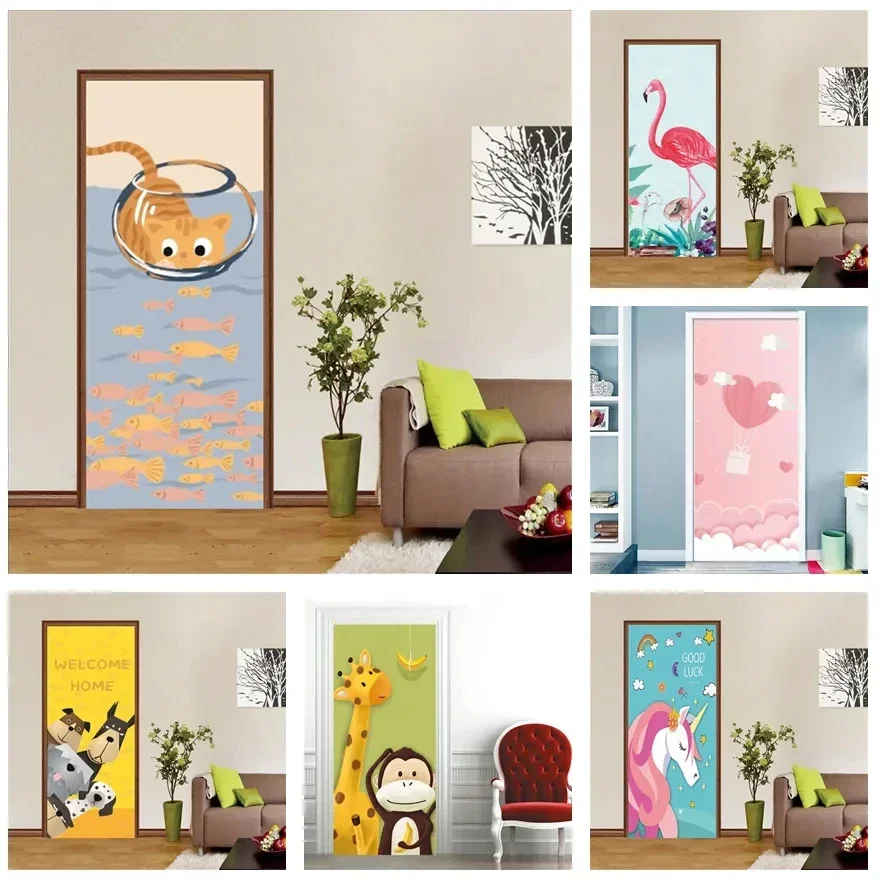 

Cute Cartoon Cat Fish Door Sticker Self Adhesive Wallpaper Animal Wall Sticker Kids Room Decoration Mural Nursery Decor Poster