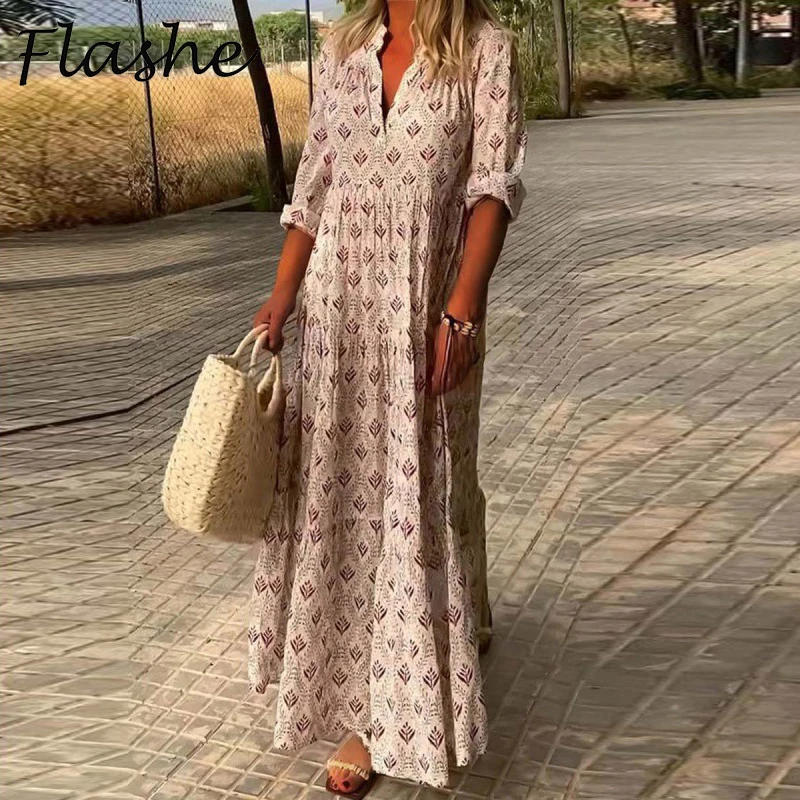 

Vintage Print Dress Women V Neck Casual Long Sleeve Beach Party Maxi Dresses For Women Print Long Dress Boho