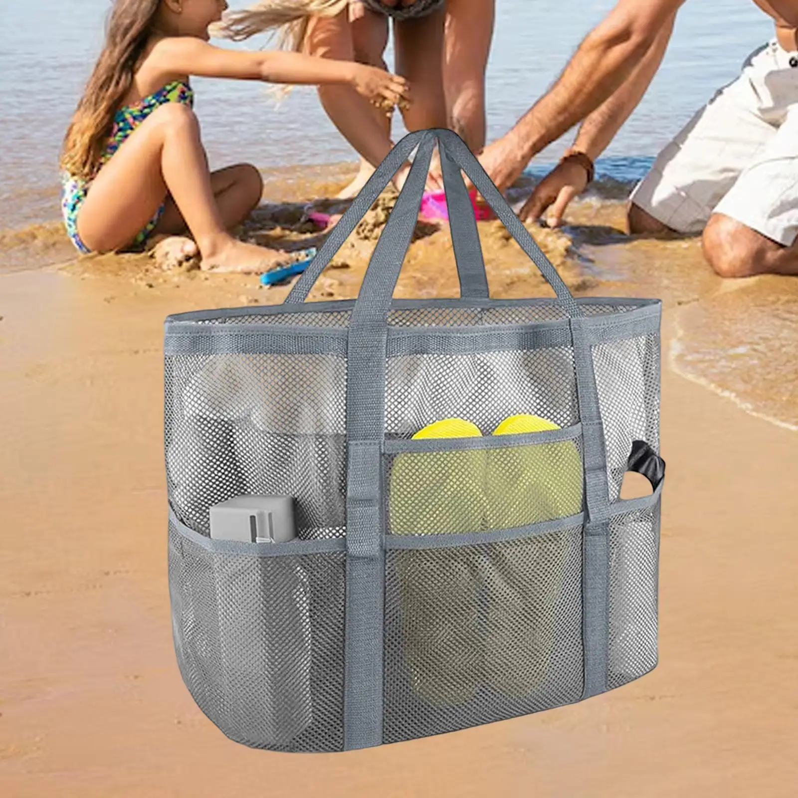 

Mesh Beach Bag Multi Pockets Foldable Shoulder Bag for Travel Vacation Women