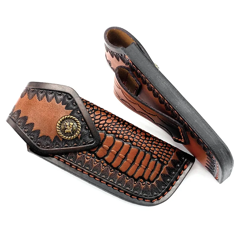 Genuine Cowhide Folding Knife Sheath - Universal Full-Grain Leather Case for Swiss Army Knife Embossed Design