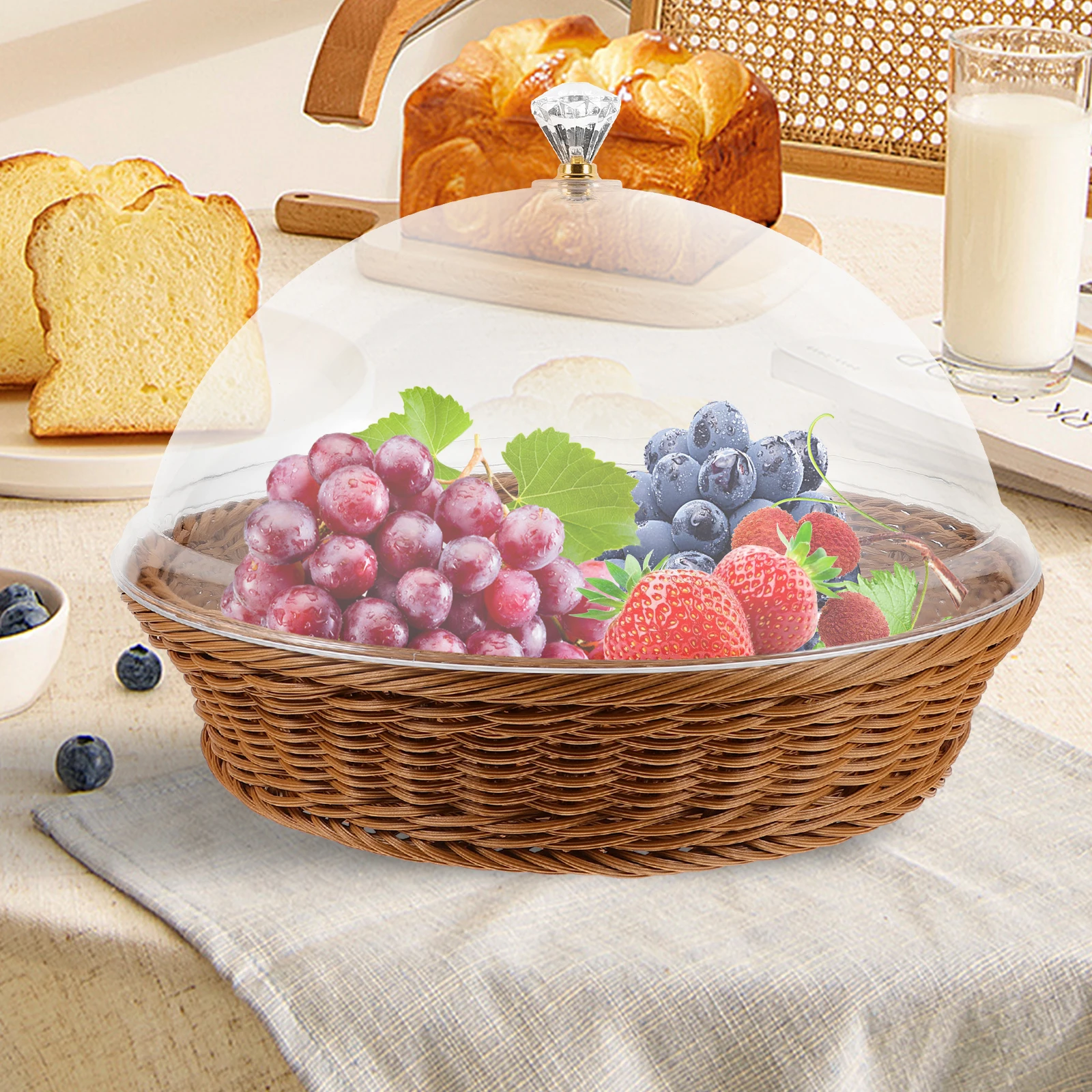 

Food Fresh-keeping Basket 36cm Oval Teak Bread Baskets With Lid Woven Tray Portable Fruit Dessert Snack Display Container