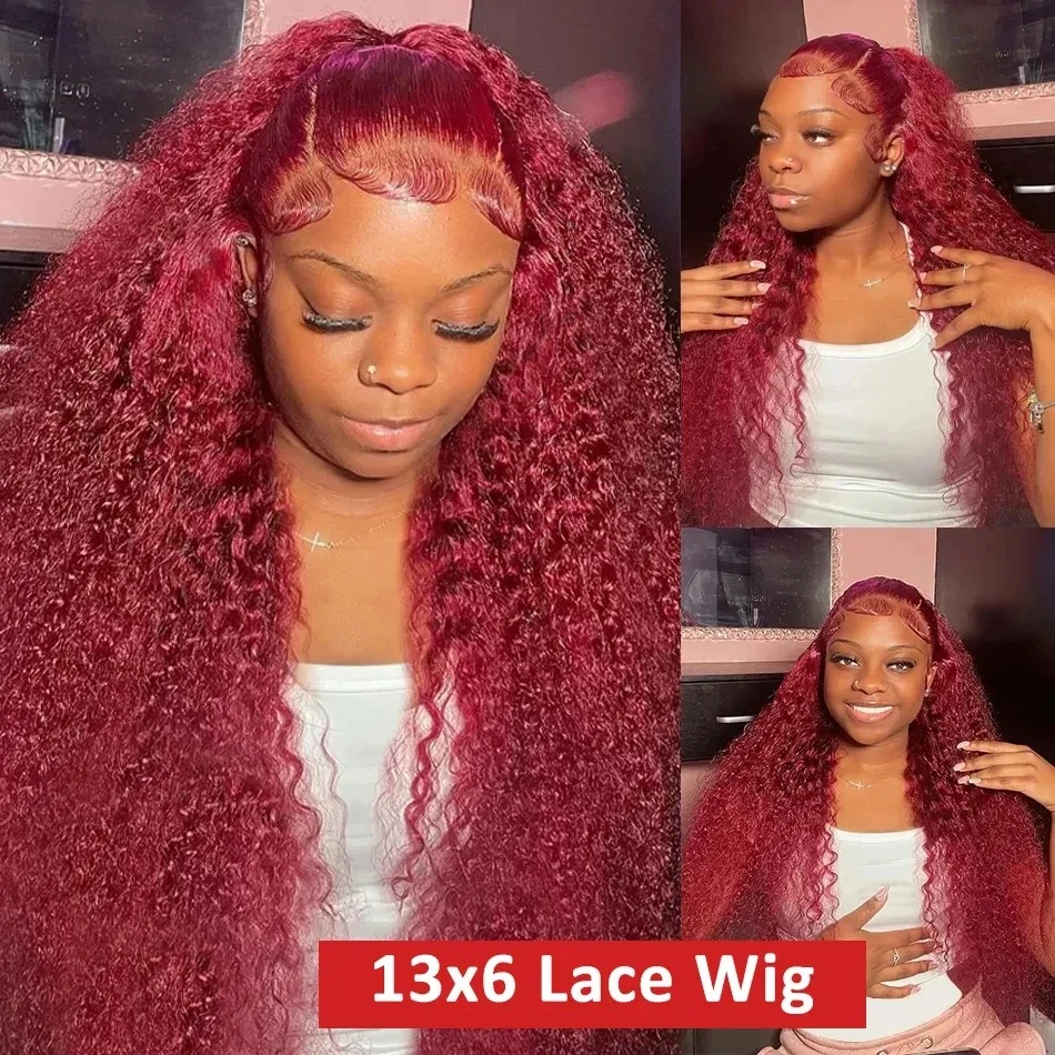 99j Colored 13x6 Curly Lace Front Human Hair Wigs Loose Deep Wave Burgundy Hd Transparent Brazilian Lace Frontal Wigs For Women