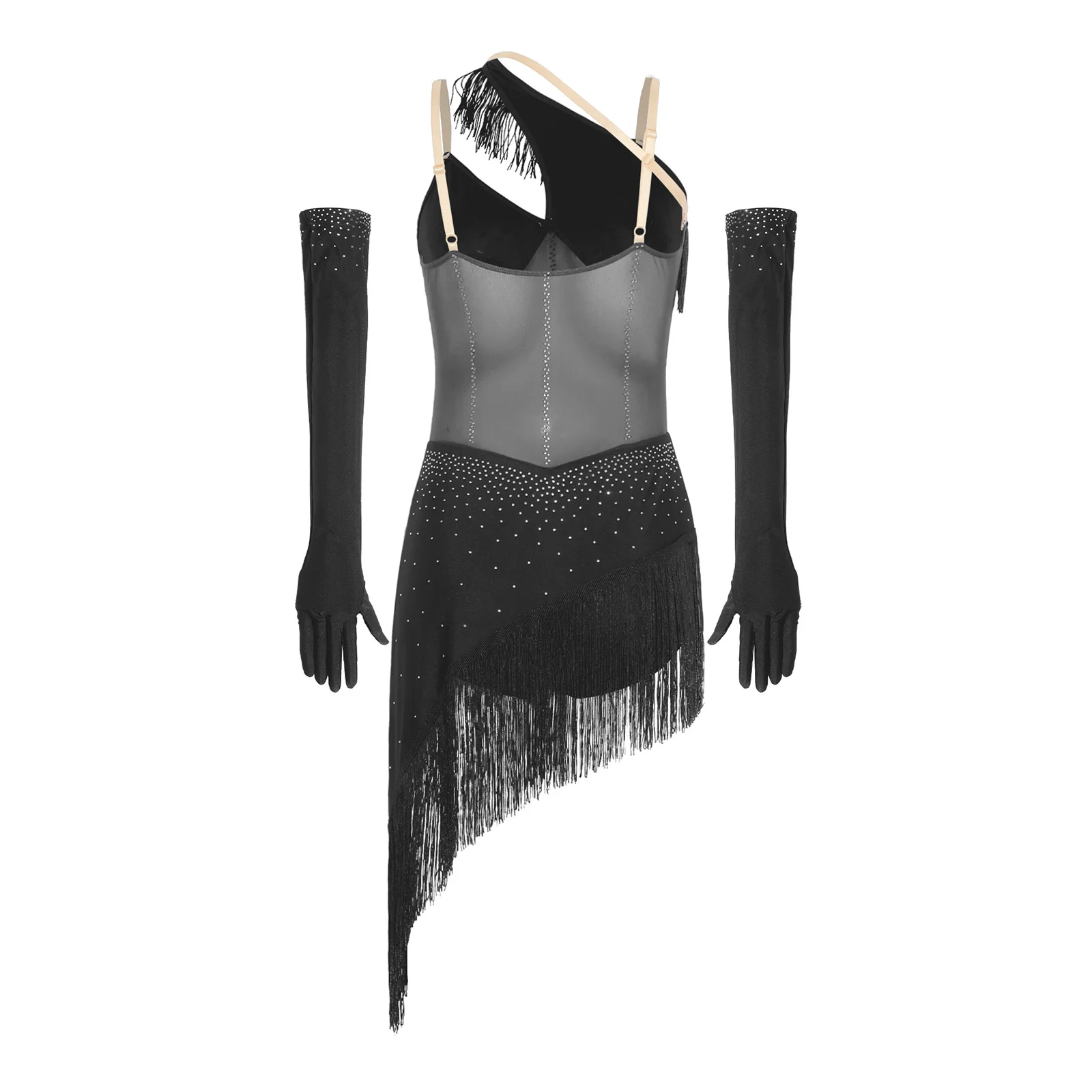 Damen Latin Samba Cha Cha Tanzkleid mit Strass-Mesh-Fransen, Asymmetrischem Rock und Langen Handschuhen, Wettbewerbs- und Aufführungskostüm – Detail 16