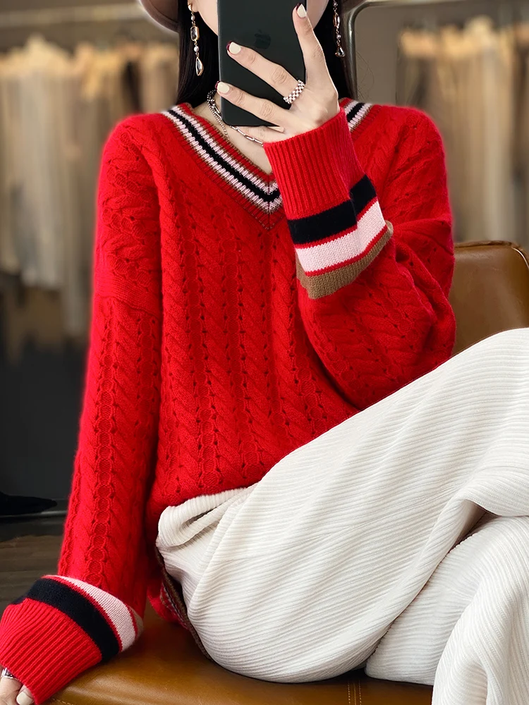 Addonee Women V-neck Sweater Preppy Style Loose Pullover Autumn Winter 100% Merino Wool Hollow Long Sleeve Cashmere Knitwear Top