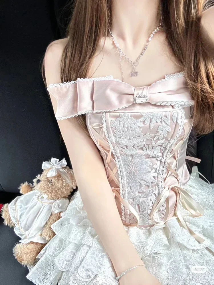 

France Sweet Strap Two Piece Set Women Bow Lace Tops + Cake Mini Shirts Female Fashion Chic Kawaii High Street Party Suits 2024