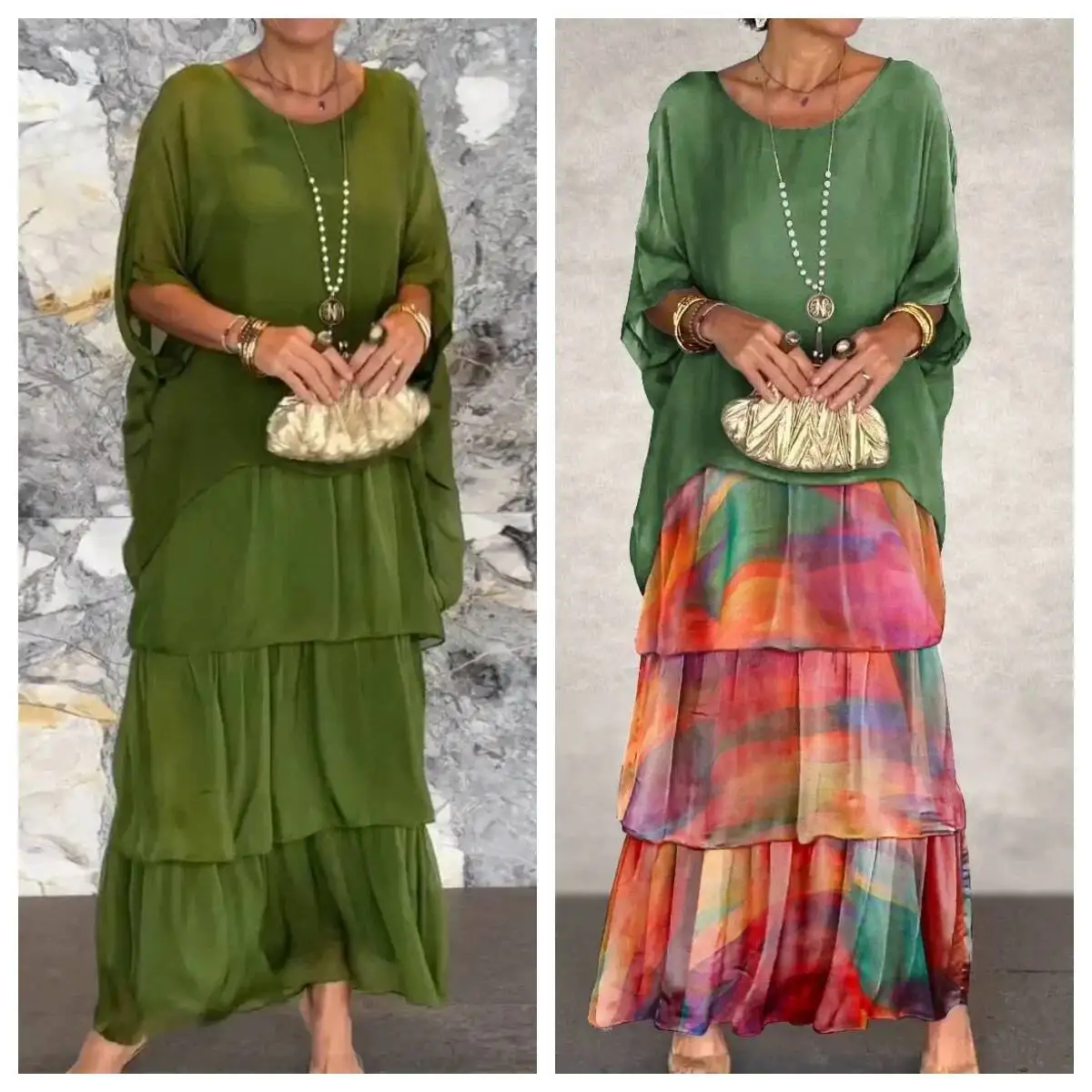 

Fashion O-Neck Solid Color Commuter Elegant Casual Layered Ruffle Edge Party Bat Sleeve Chiffon Beach Vacation Dress