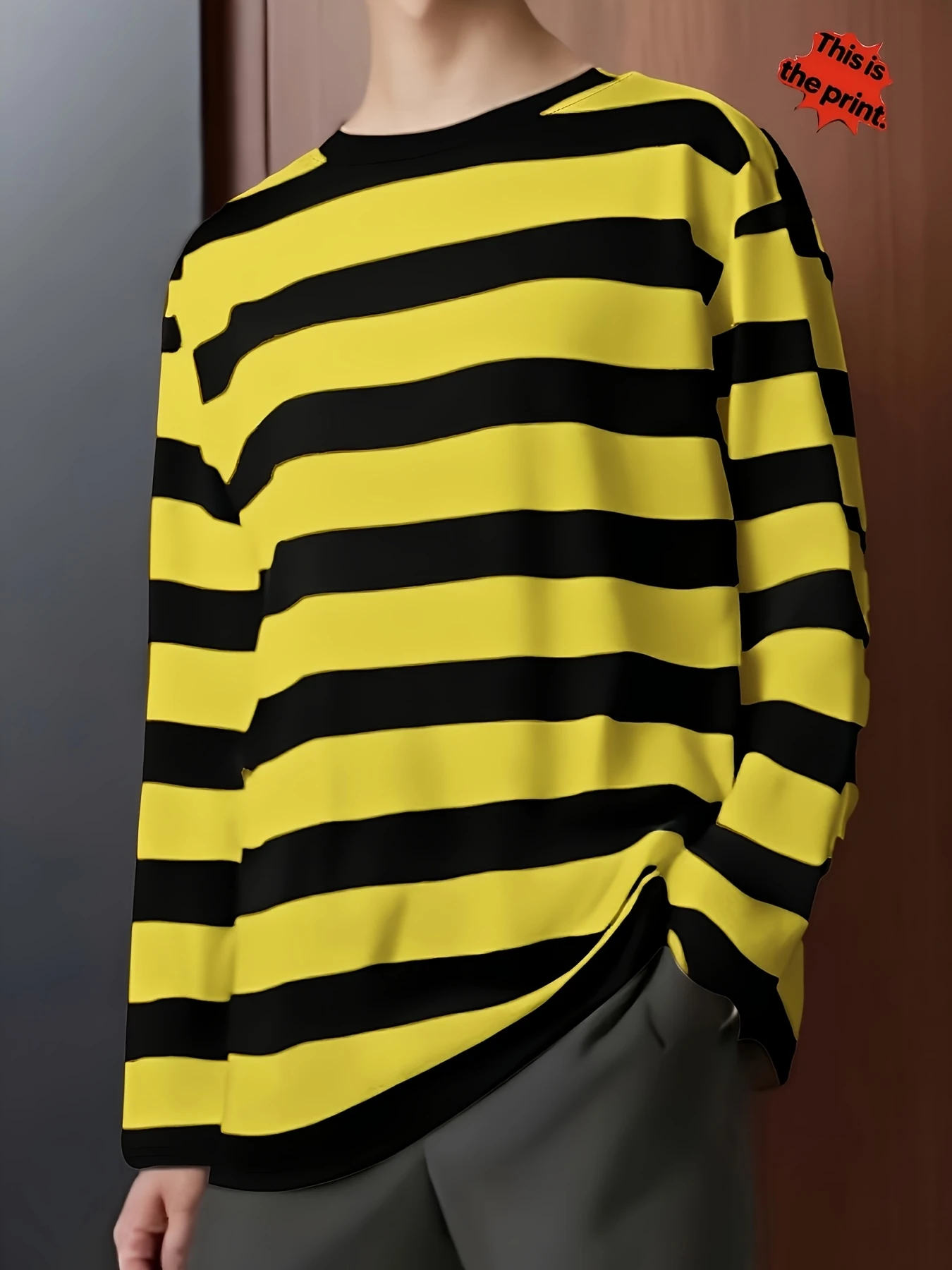 Camiseta Americana Retro a Rayas Amarillas y Negras de Manga Larga para Hombre y Mujer, Cuello Redondo Holgado con Contraste de Color, Estilo Casual Urbano