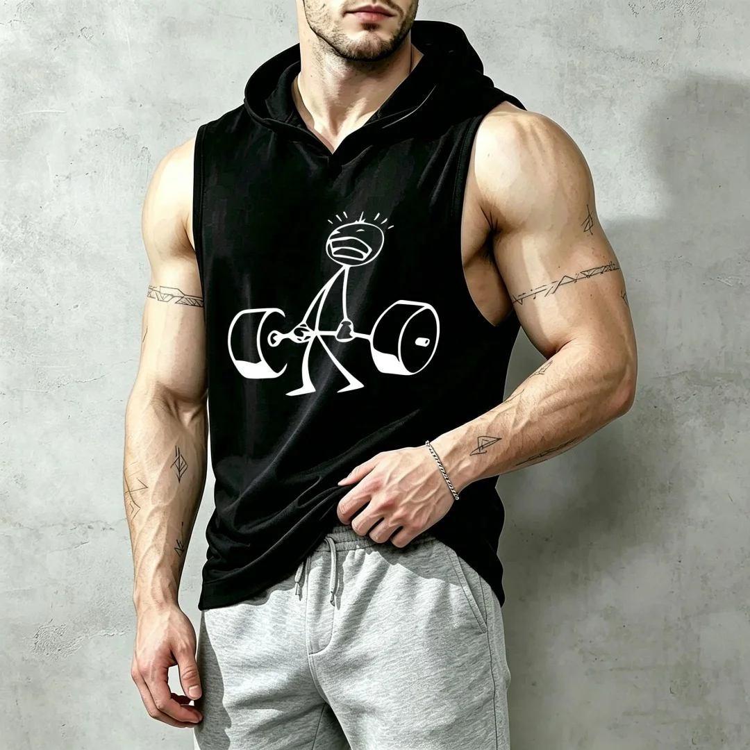 Men's sleeveless hoodie featuring a fun graphic of a stick figure struggling to lift a barbell; made from 100% cotton, suitable for workouts, sports, and casual wear.