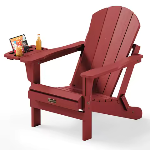 Folding Adirondack Chair with 4-in-1 Cup Holder Wood Texture Weather Resistant Plastic for Garden Backyard Deck Lawn, Customized