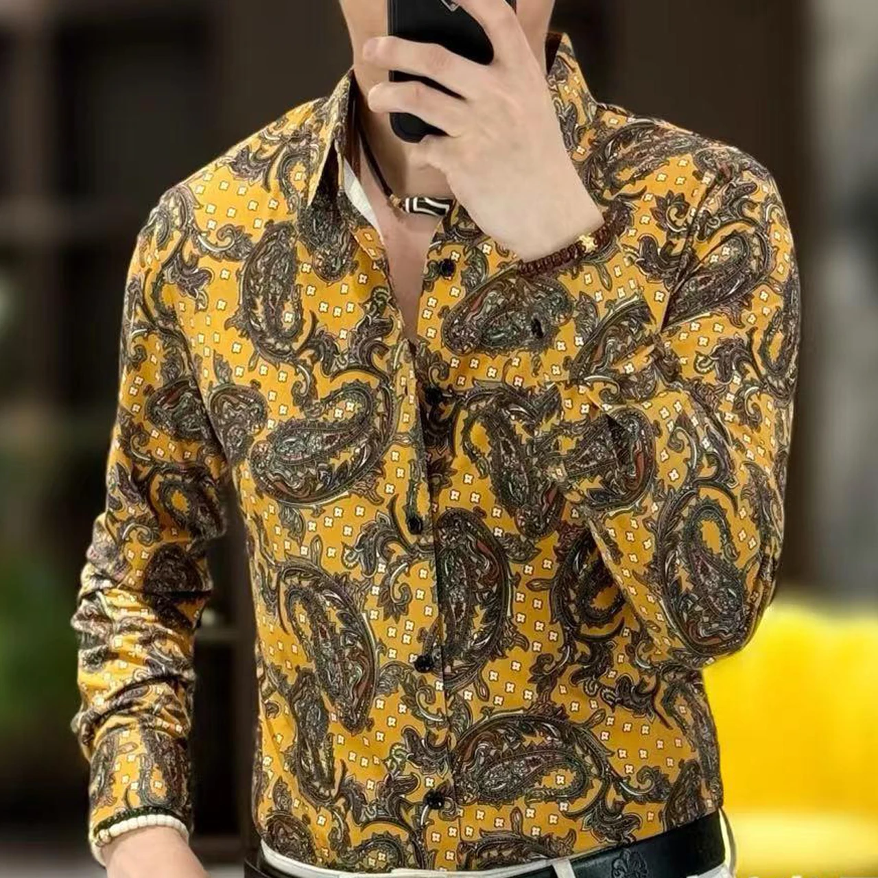 

Paisley Gold Print Shirts Men Luxury Shirt Mens Long Sleeve Camiseta Masculina Hawaiian Shirt Casual Blouse Homme Baroque Shirt