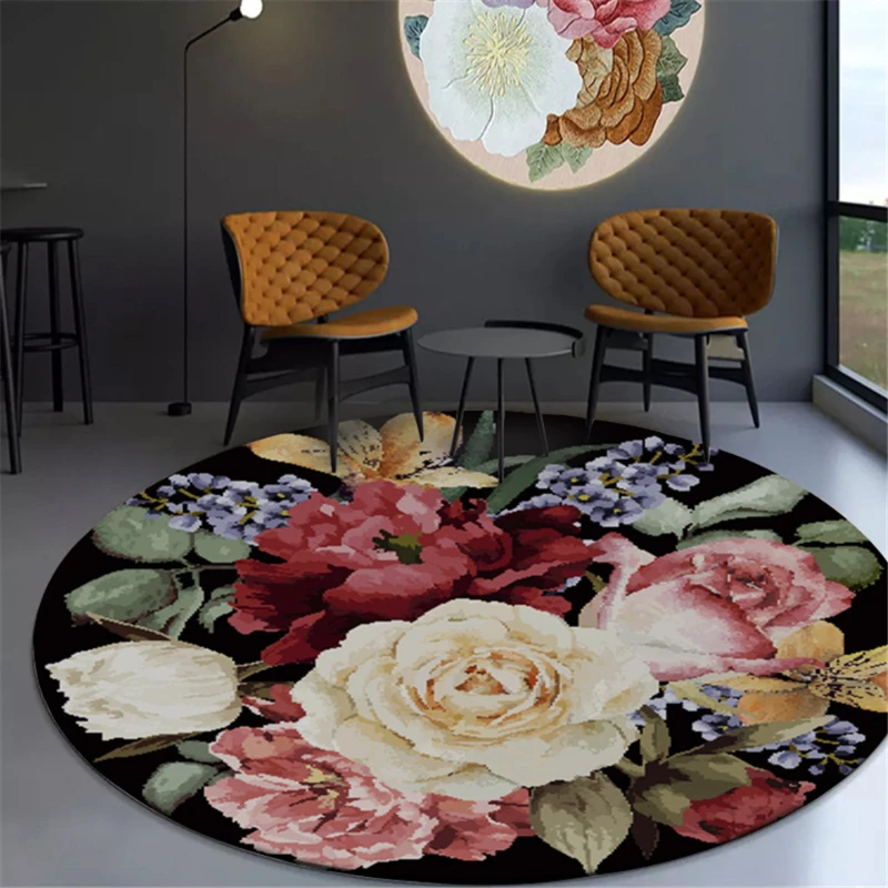 

European Style Retro Elegant Big Flower 3D Carpet Round Chair Mat Classical Coffee Table Rug Hallway Decoration Bedside Carpet