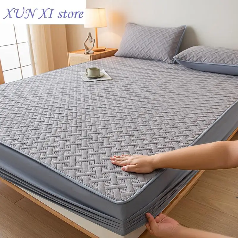 

New Premium Cotton Mattress Cover Solid Color Elastic Fitted Bed Sheet Quilted Mattress Pad Protector Adjustable Durable Covers