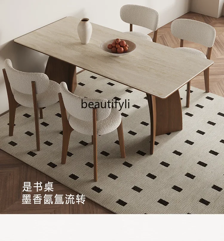 

Solid wood rock slab dining table Household Italian minimalist rectangular walnut high-end small apartment travertine table