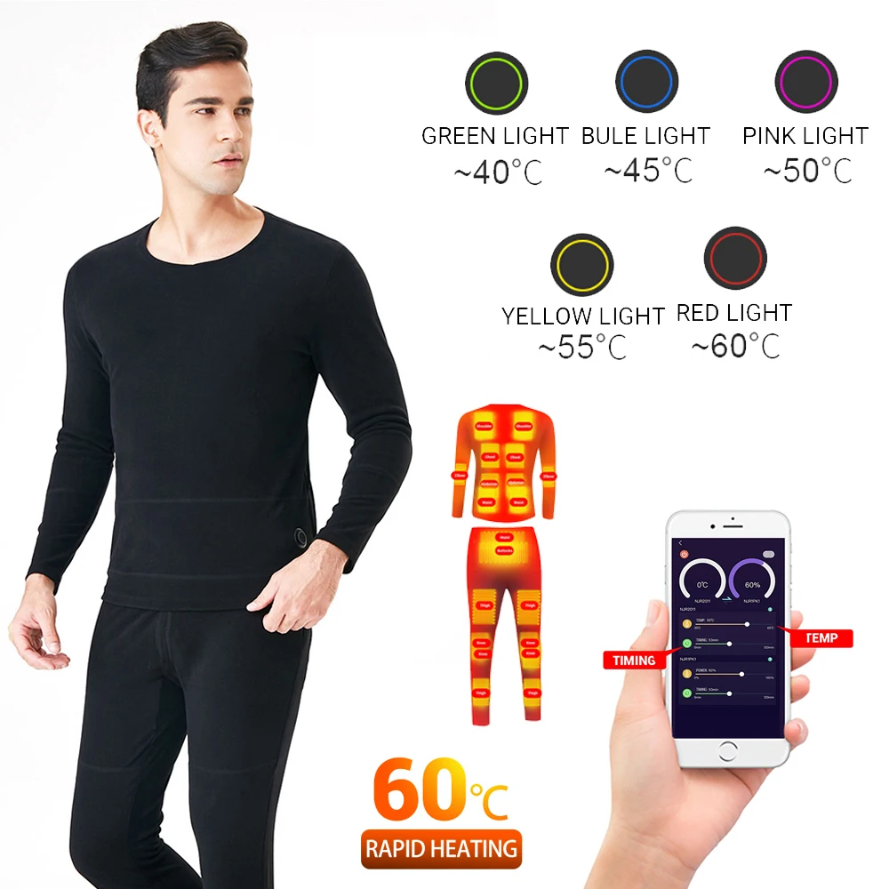 

Winter Thermal Heated Jacket Men Heated Underwear Fleece Thermal Phone APP Control Temperature USB Electric Heating Ski Suit