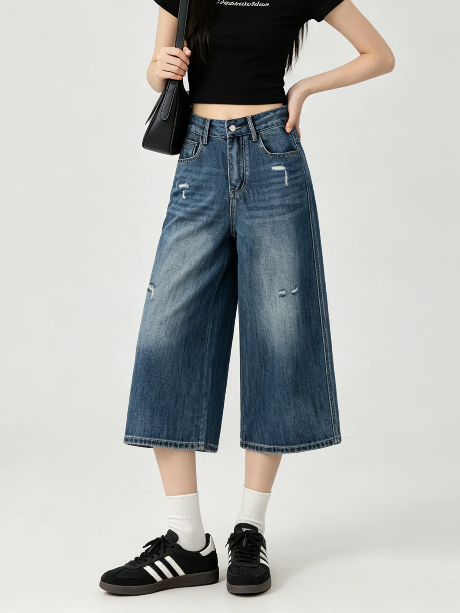 

Casual Korean Style Wide Leg Jeans Summer High Waist Loose Slim Straight Long Pants Commuting Hole Design Fashionable Ladies ...