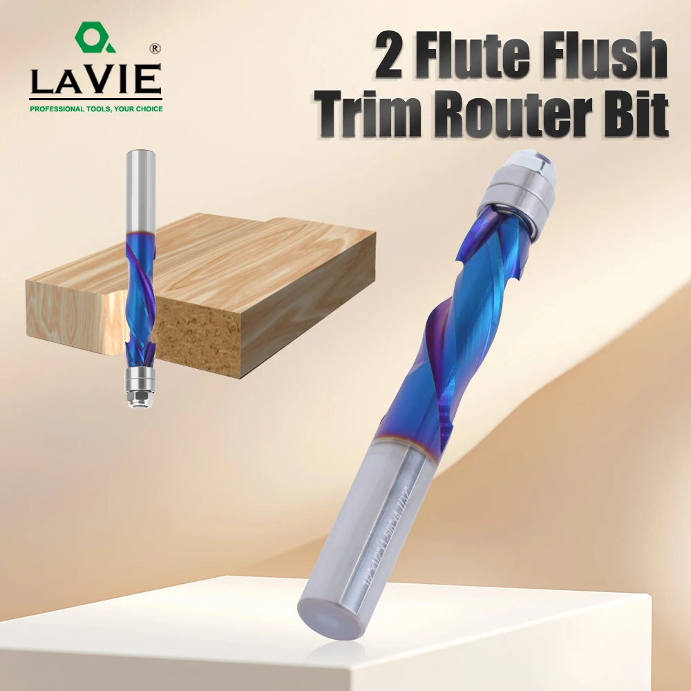 LAVIE 1/2" Shank Compression Flush Trim Router Bit 2+2 Flutes Solid Carbide Blue Nano Coated With Bearing For Woodworking