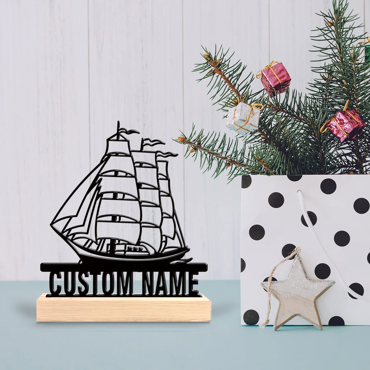 1pc Metal Desktop Decoration Customizable Content Equipped with A Wooden Base Bar Decoration, Holiday Gifts