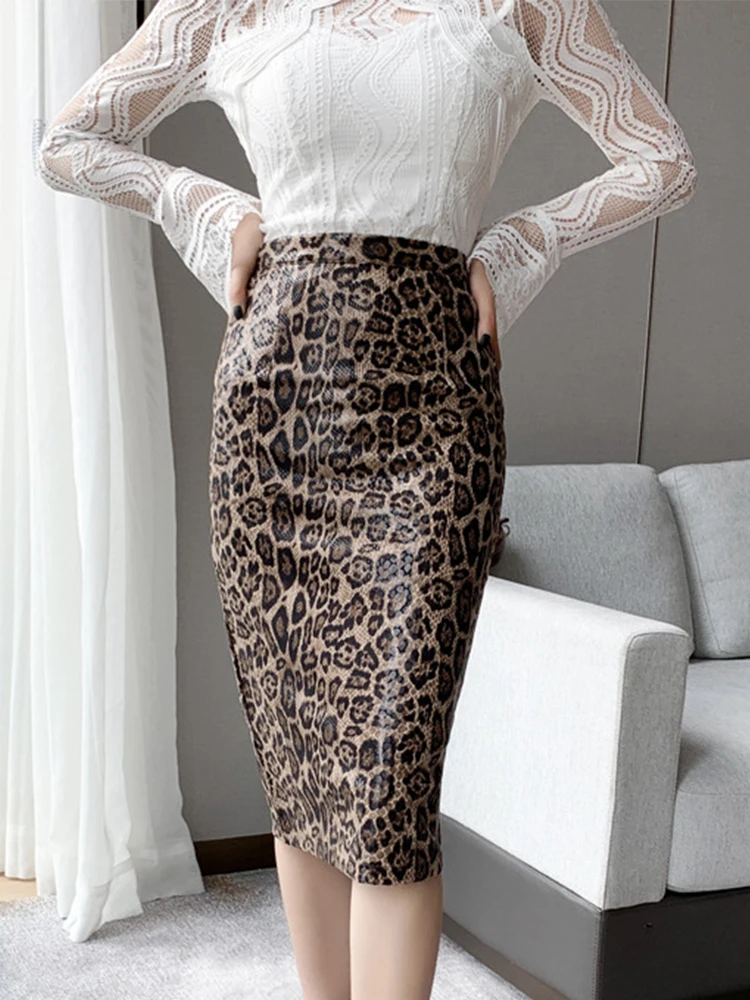 Spring Women Midi Skirt Vintage Wild Chic Leopard Print High Waist Wrap Hip Split Feminine Faldas Largas Office Street Party