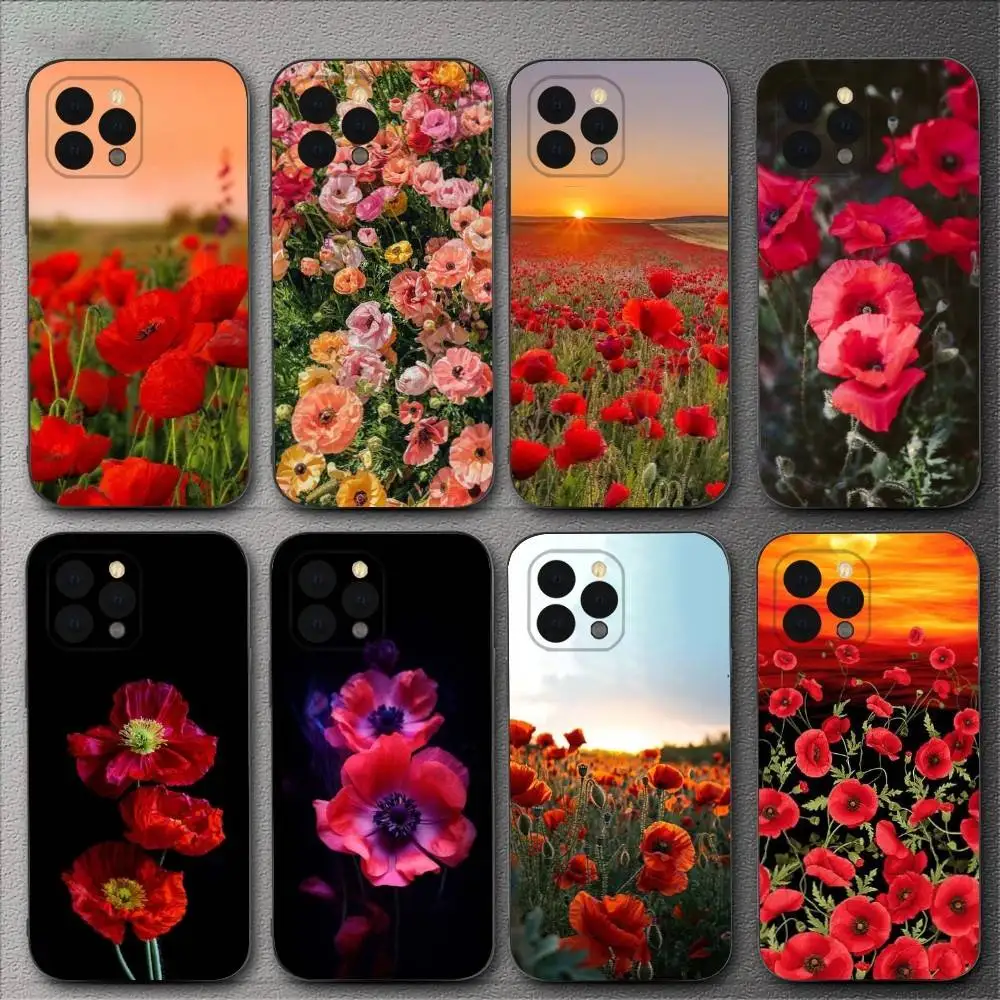

Poppy Flower Bloom Phone Case For iPhone 16,15,14,13,12,11,XS,XR,X,8,7,Pro,Max,Plus,mini Silicone Black Cover