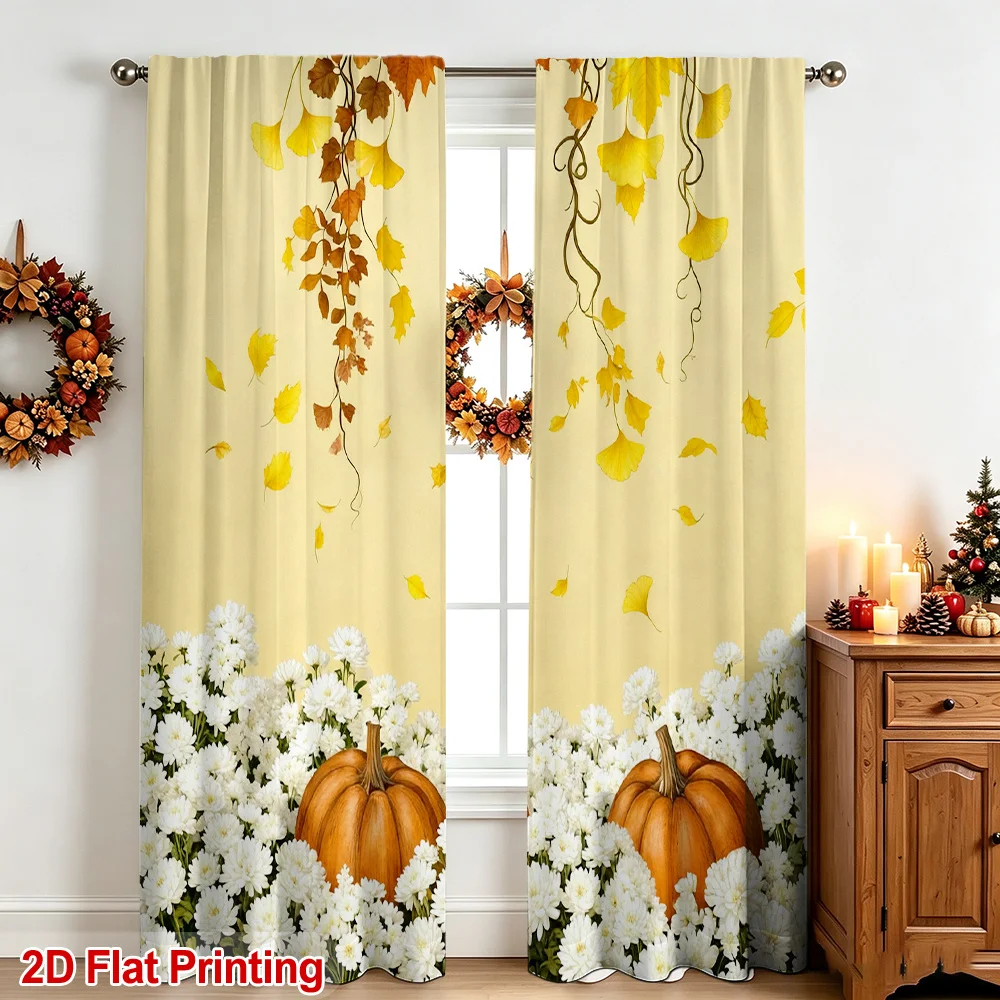 2PCS Digital Print Curtains, Autumn Ginkgo Leaf White Chrysanthemum Pumpkin Pattern, Beige Watercolor Style for Living Room ／