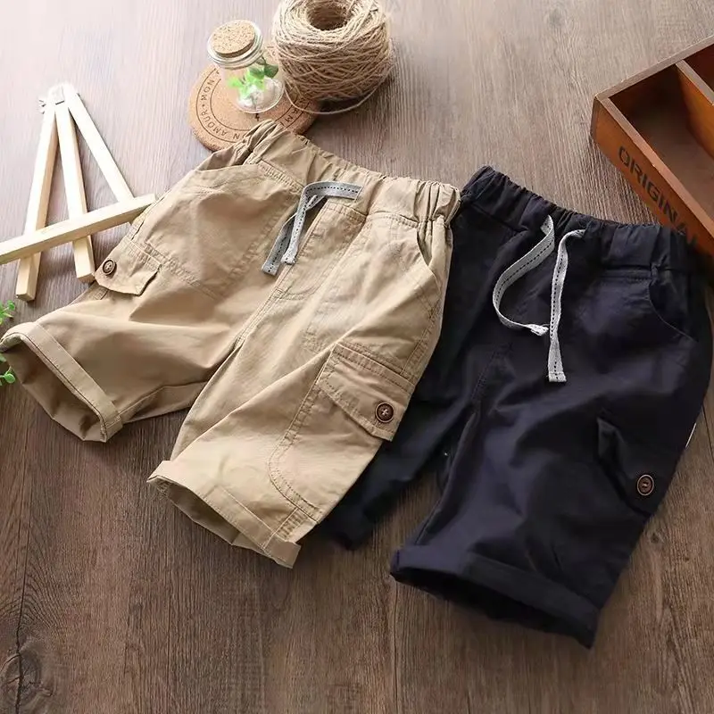 Summer Boys Clothing Casual Thin Fashion Trend All-match Solid Color Elastic Waist Spliced Pocket Drawstring Cotton Loose Shorts