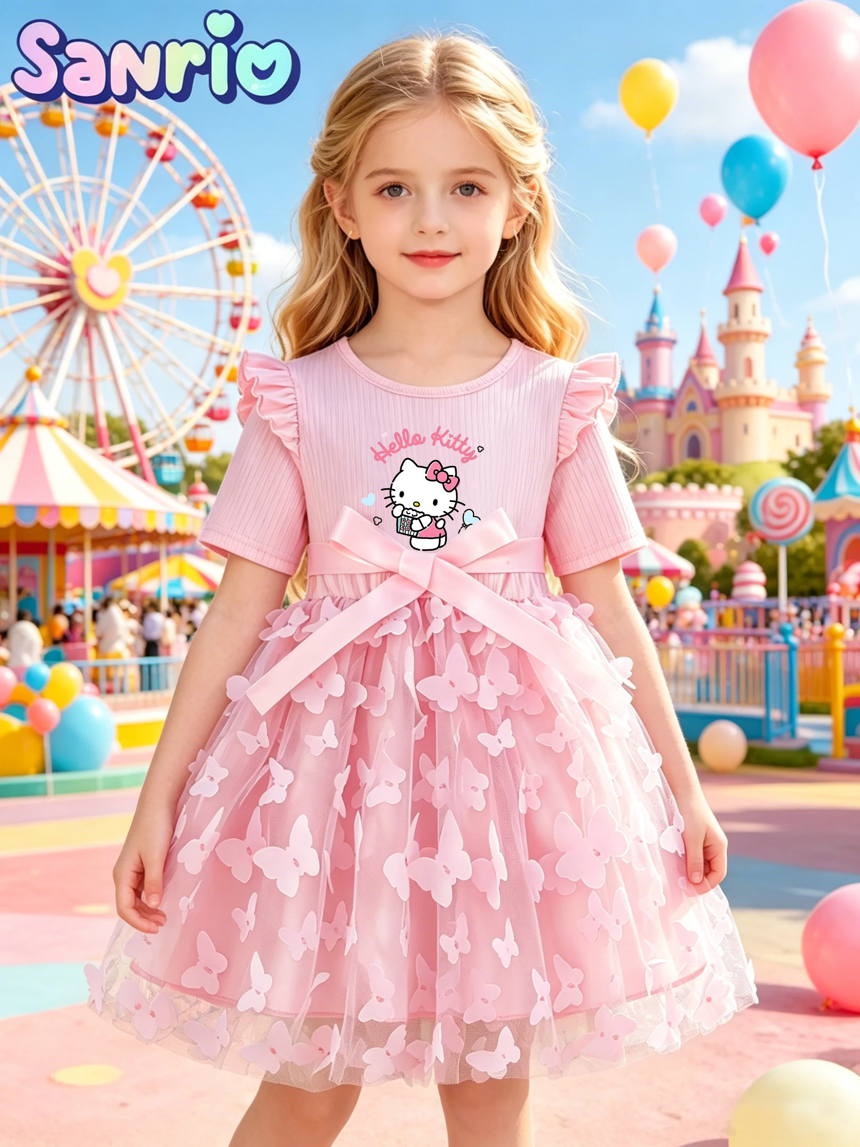 Hello Kitty Kids Dress, New Summer Girls' Flutter Sleeve Butterfly Tulle Dress