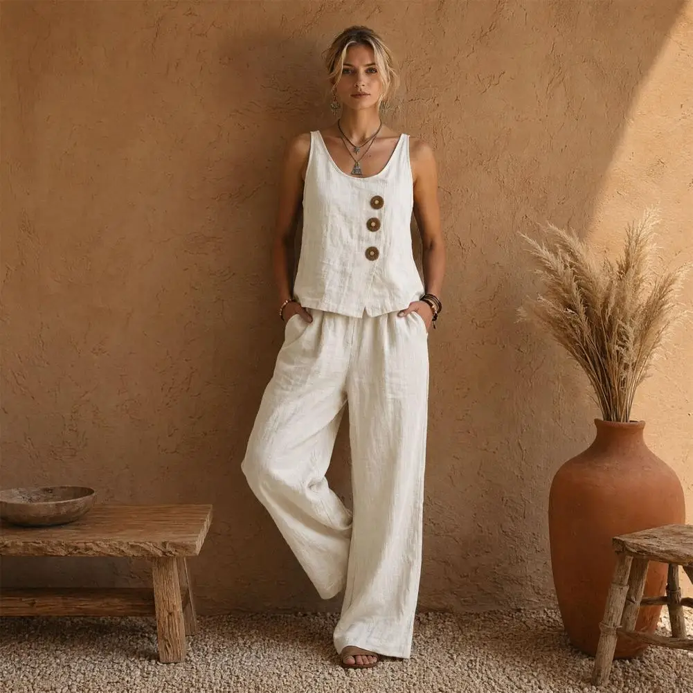 

Sleeveless 2 Piece Sets for Women, Buttons Crew Neck Tank Top And Wide Legs Pants Matching Sets, Summer Loose Lounge Outfits Aut