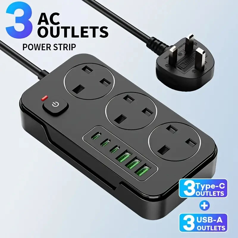 2026 شريط طاقة متعدد الوظائف 9 في 1 جديد/ شاحن متعدد المنافذ، 1 شريط طاقة (3 تيار متردد، 3 USB-A، 3 Type-C)، مفتاح رئيسي واحد، مجهزة