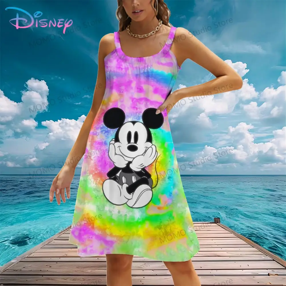 Women's Beach Dress Minnie Mouse Sling Disney's Mickey Fashion Leisure Lovely Evening Dresses 2024 Street Wear Female Clothing