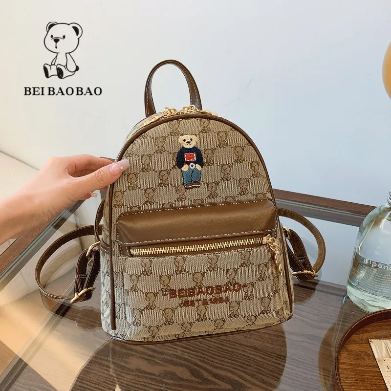 Beibaobao Fashion Small Backpack 2024 Summer New Bear Pattern Women\'s Bag Outdoor Travel Bag Leisure Versatile Backpack Knapsack