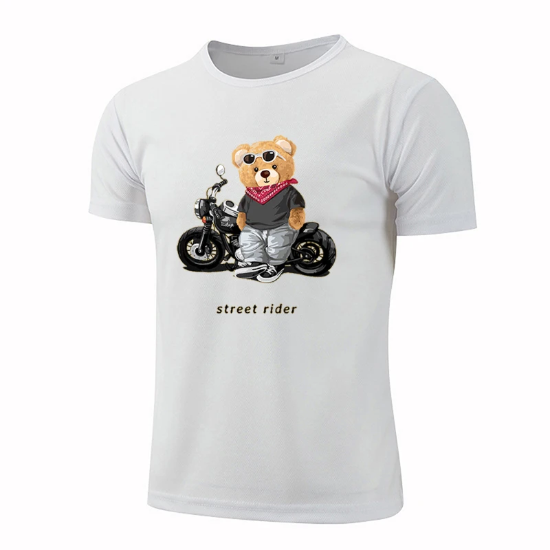 Motorcycle Enthusiast Street Teddy Rider Printed T-Shirt Men Loose Casual Short Sleeves Summer Breathable Tee Fibre Clothing