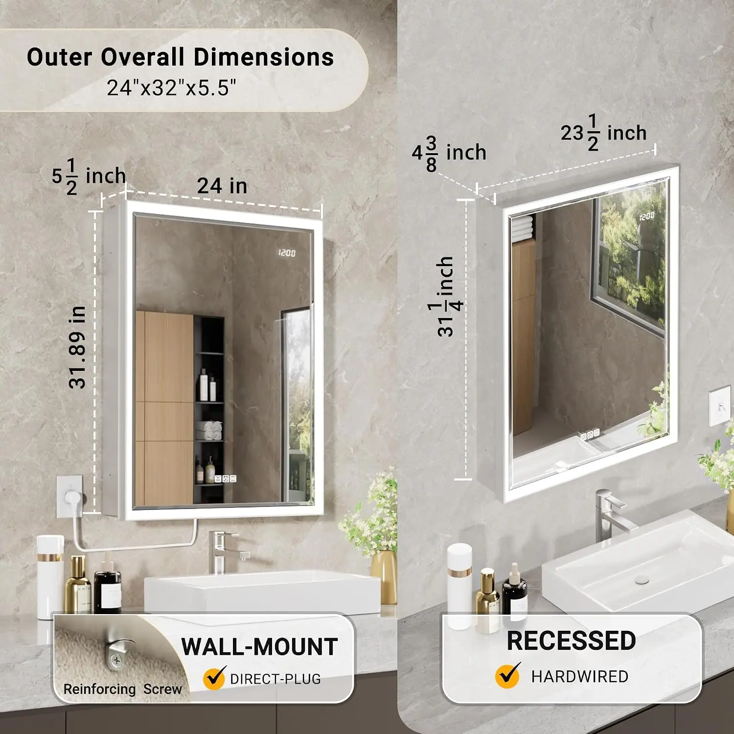 24x32 Lighted Medicine Cabinet with Beveled Mirror & Clock, Surface or Recessed Mirrored Medicine Cabinet with Dimmable Light