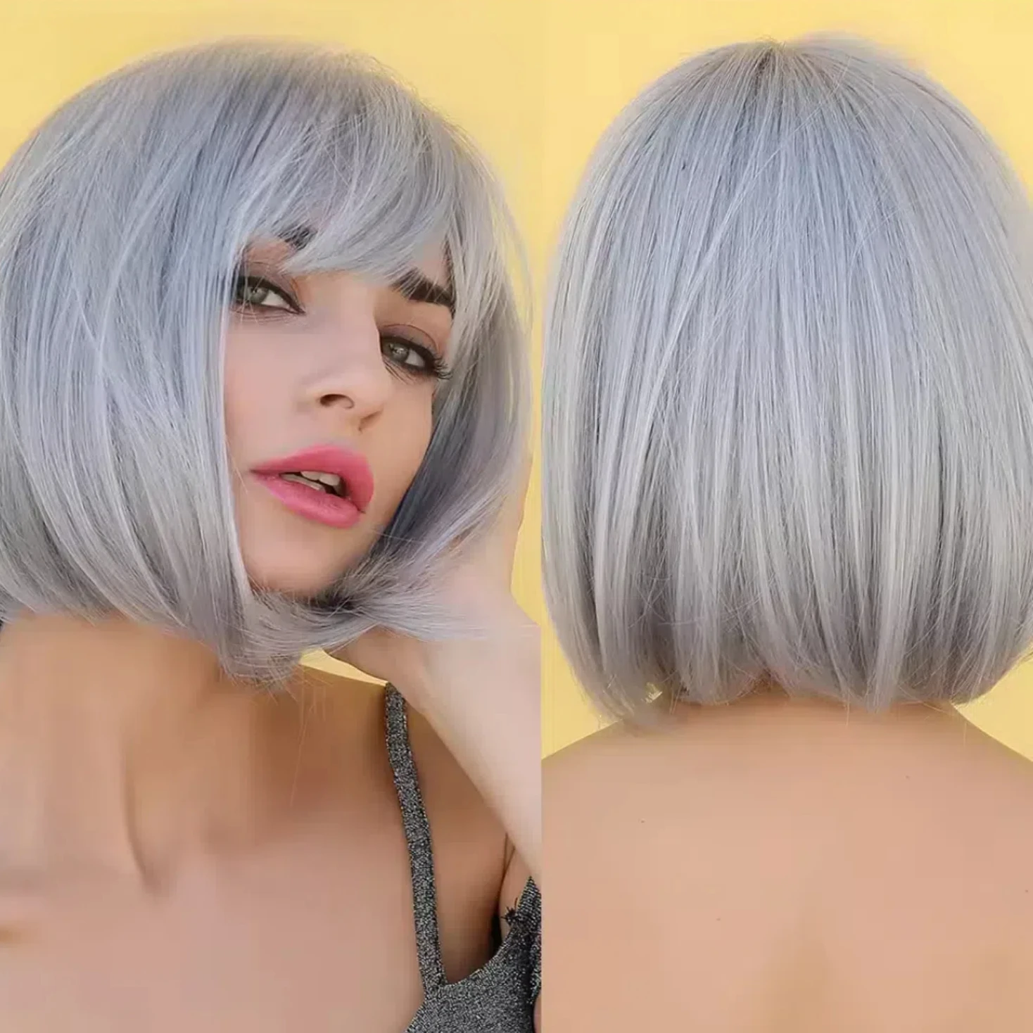 

12-inch grey straight synthetic Bobo bangs wig,role-playing,costumes,wigs for cosplay,parties,stage performances,music festival