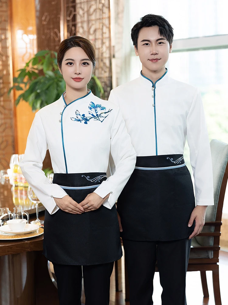 

Elegant and Luxurious Restaurant Waiter Uniforms, New Chinese Style Hotel and Restaurant Traditional Long-Sleeved Women's Workwe