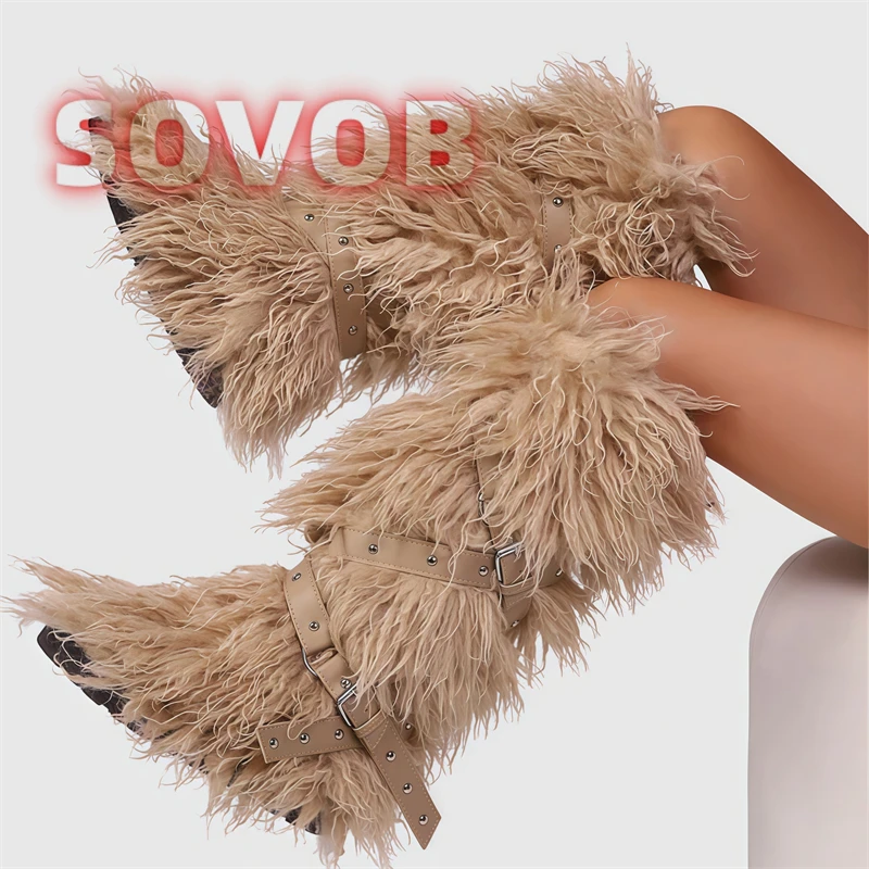 

Faux Fur Buckle Strap Knee High Boots Womens Thick Soled Winter Snow Boots Faux Mongolian Snow Warm Boots Girl's Stylish Boots