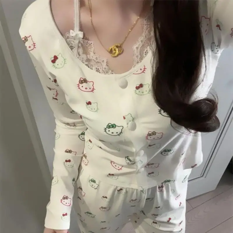 

Kawaii Sanrio Hello Kitty Anime 2Pcs/set Girl's Cotton Pajama Built-In Bra Outdoor Wear Spring Autumn Collection Home Clothing