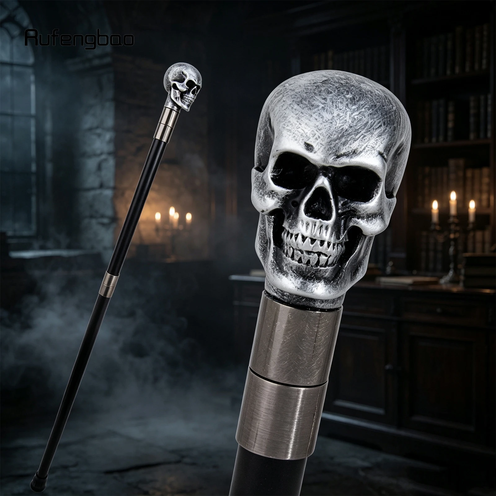 Silver Resin Skull Walking Cane Fashion Decorative Stick Elegant Cosplay Cane Knob Crosier 94cm Performance Stage Cane