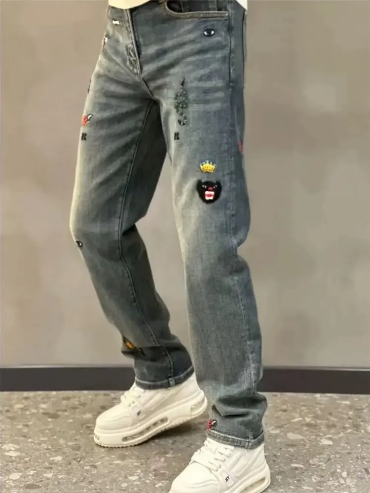 

Мужские повседневные облегающие прямые джинсы с вышивкой, осень-зима, эластичные длинные брюки в стиле пэчворк для отдыха
