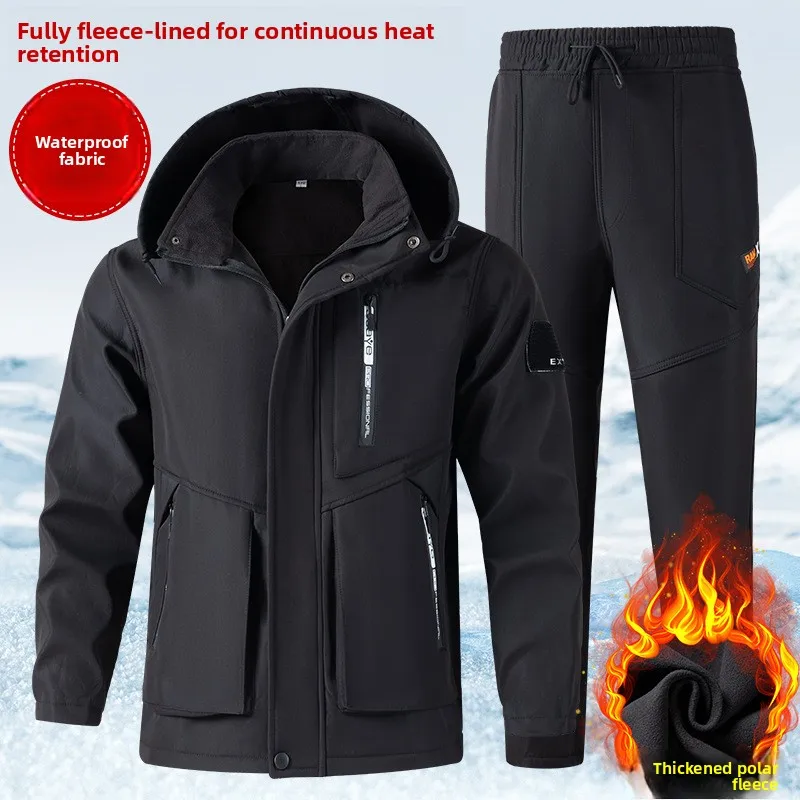 Winter men's workwear set with added fleece and thickening, cold resistant, warm and waterproof outdoor assault suit