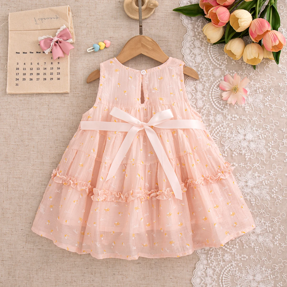 Summer Baby Girl Clothes Send Hairpin Trend Sweet Floral Thin Toddler Dress Korean Style Breathable Cartoon Cute Baby Girl Dress 4