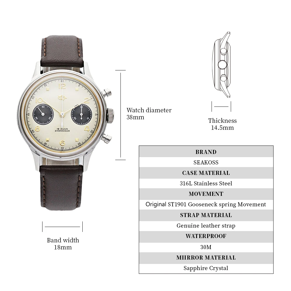 1963 Men\'s Chronograph Watch Original ST1901 Manual Winding Movement Male Clock 38mm Acrylic Pilot Sapphire Mechanical Watch